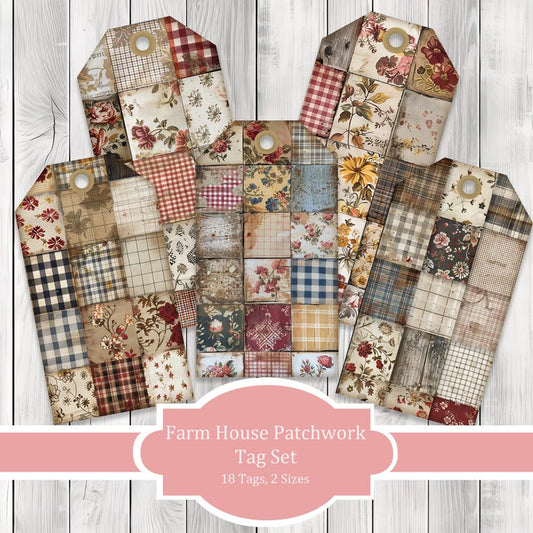 Farm House Patchwork Tags - Collage Scrapbook - Patchwork Tags - Ephemera Labels - Junk Journal Images Clip Art - Fussy Cut