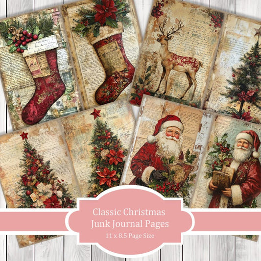 Classic Christmas - Journal Paper Set, Junk Journal Pages, Flower Junk Journal Paper, Printable Journal, Scrapbook Paper, Digital Paper
