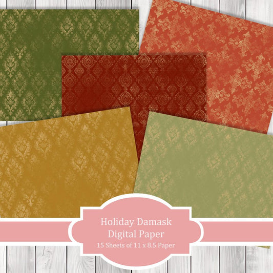 Holiday Damask - Journal Paper Set, Junk Journal Pages, Junk Journal Paper, Printable Journal, Scrapbook Paper, Digital Paper