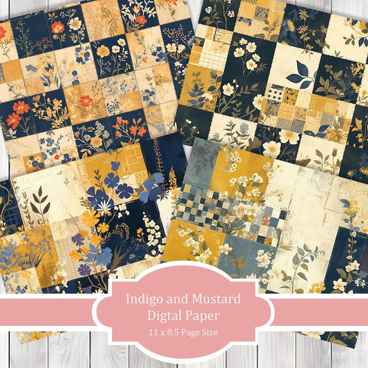 Indigo Mustard Patchwork - Journal Paper Set, Junk Journal Pages, Junk Journal Paper, Printable Journal, Scrapbook Paper, Digital Paper