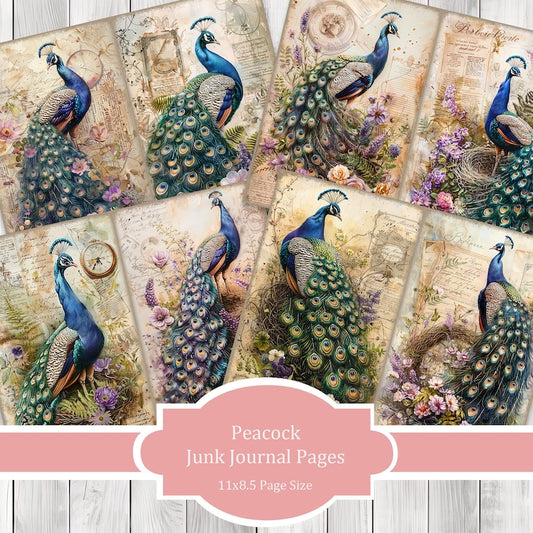 Peacock - Journal Paper Set, Junk Journal Pages, Flower Junk Journal Paper, Printable Journal, Scrapbook Paper, Digital Paper