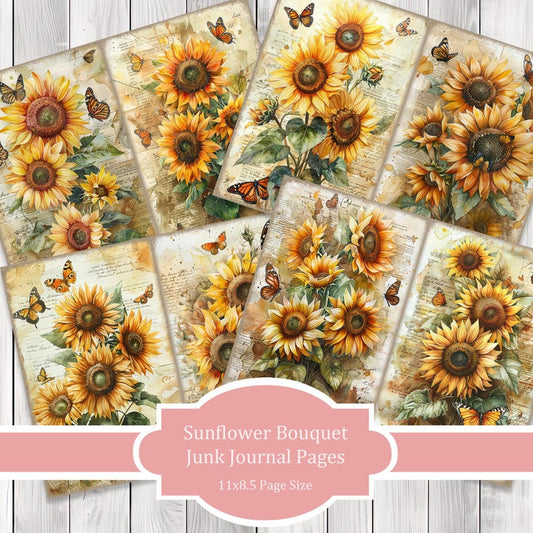 Sunflower Bouquet - Junk Journal Pages, Journal Paper Set, Flowers, Journal Paper, Printable Journal, Scrapbook Paper, Digital Paper