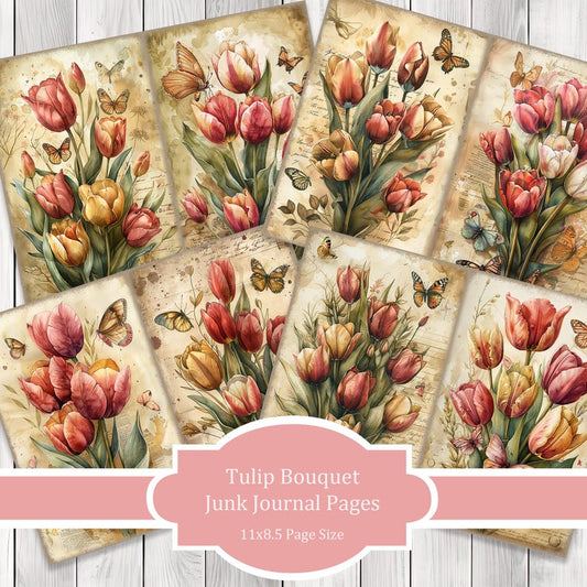 Tulip Bouquet - Junk Journal Pages, Journal Paper Set, Flowers, Journal Paper, Printable Journal, Scrapbook Paper, Digital Paper