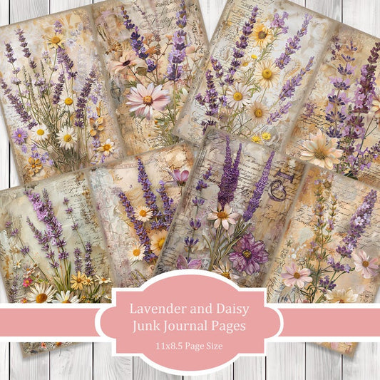 Lavender and Daisy - Journal Paper Set, Junk Journal Pages, Flower Junk Journal Paper, Printable Journal, Scrapbook Paper, Digital Paper