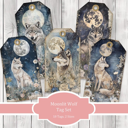 Moonlit Wolf Tags - Collage Scrapbook - Patchwork Tags - Ephemera Labels - Junk Journal Images Clip Art - Fussy Cut