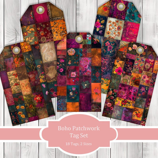 Boho Patchwork Tags - Collage Scrapbook - Patchwork Tags - Ephemera Labels - Junk Journal Images Clip Art - Fussy Cut