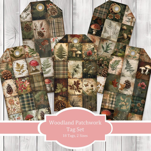 Woodland Patchwork Tags - Collage Scrapbook - Patchwork Tags - Ephemera Labels - Junk Journal Images Clip Art - Fussy Cut