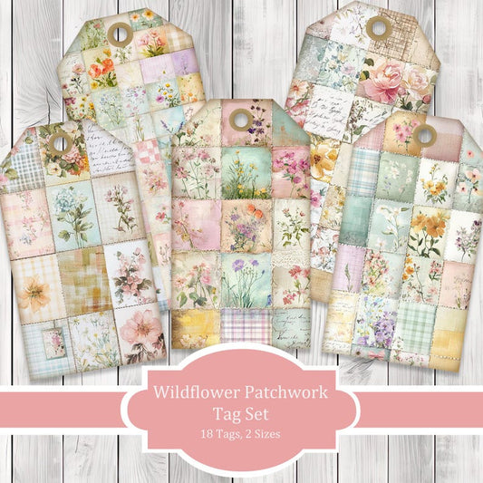 Wildflower Patchwork Tags - Collage Scrapbook - Patchwork Tags - Ephemera Labels - Junk Journal Images Clip Art - Fussy Cut