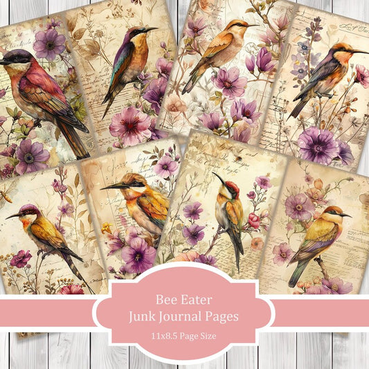 Bee Eater - Journal Paper Set, Junk Journal Pages, Flower Junk Journal Paper, Printable Journal, Scrapbook Paper, Digital Paper