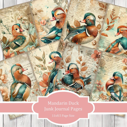 Mandarin Duck - Journal Paper Set, Junk Journal Pages, Flower Junk Journal Paper, Printable Journal, Scrapbook Paper, Digital Paper