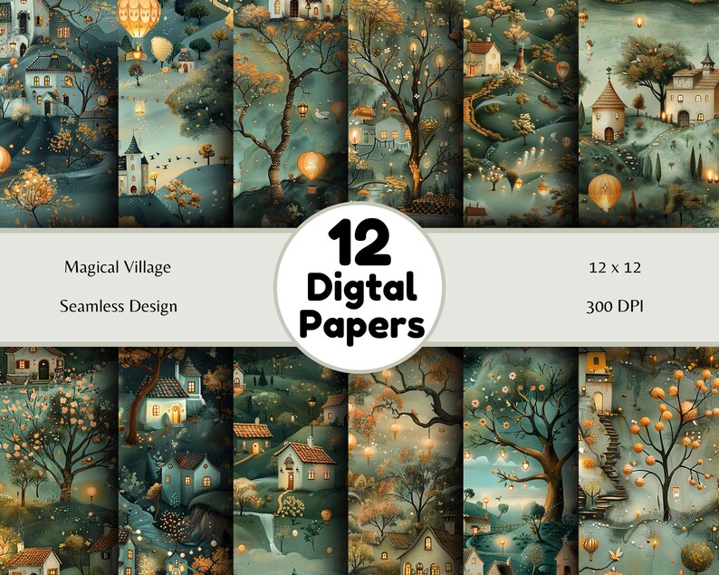 Magical Village - Seamless Pattern - Digital Paper - Printable Journal, Scrapbook Paper, Seamless