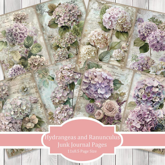 Hydrangeas and Ranunculus - Junk Journal Pages, Journal Paper Set, Flowers, Printable Journal, Scrapbook Paper, Digital Paper
